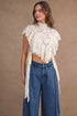 Sheer Floral Lace Mock Neck Layered Ruffles Cropped Blouse