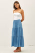 Lightweight Denim Look Tencel Tiered Maxi Skirt with Elastic Waistline