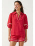 Contrast Trim Puff Sleeve Linen Blouse – Red