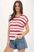 Stripe Scallop Trim Short Sleeve Crochet Sweater – Red