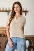 Split Neck Raw Edge Short Sleeve Sheer Knit Top - Natural