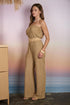 Textured Strapless Belted Wide Leg Jumpsuit – Khaki