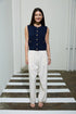 Gold Button Round Neck Knit Cardigan Vest - Navy