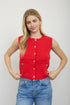 Gold Button Round Neck Knit Cardigan Vest - Red